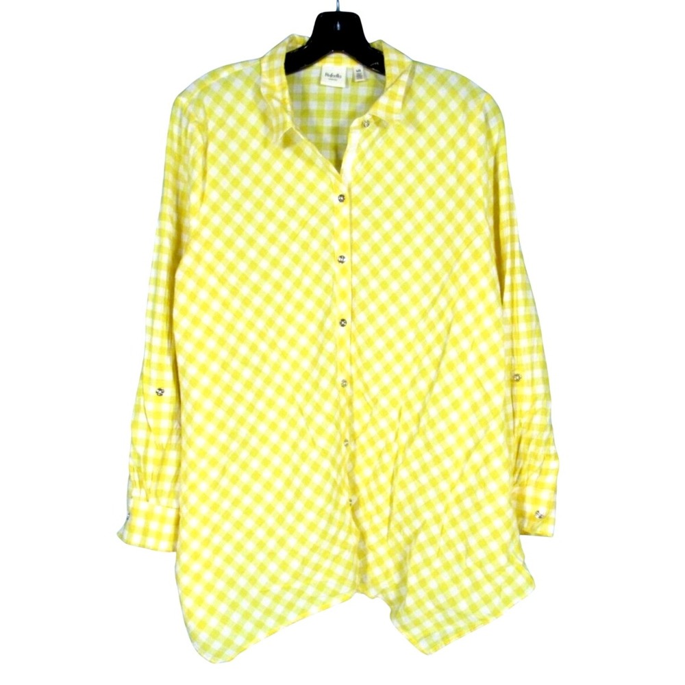 RAFAELLA Yellow/White GINGHAM CHECK Cotton ASYMMETRIC HEM Button-Up SHIRT TOP L